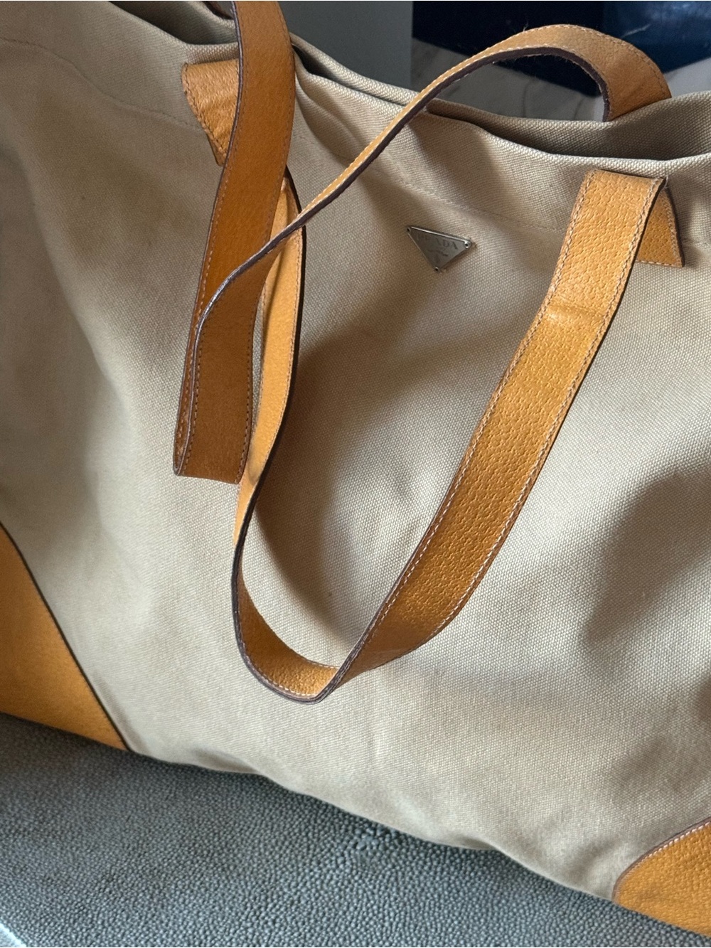 Prada Large Canapa Canvas Tote with Ochre Yellow Cinghiale Boarskin Appliqué - Picture 2 of 14